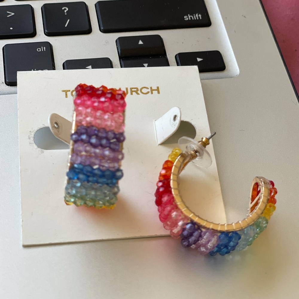 Tory Burch Rainbow Beaded Huggie Hoop Earnings